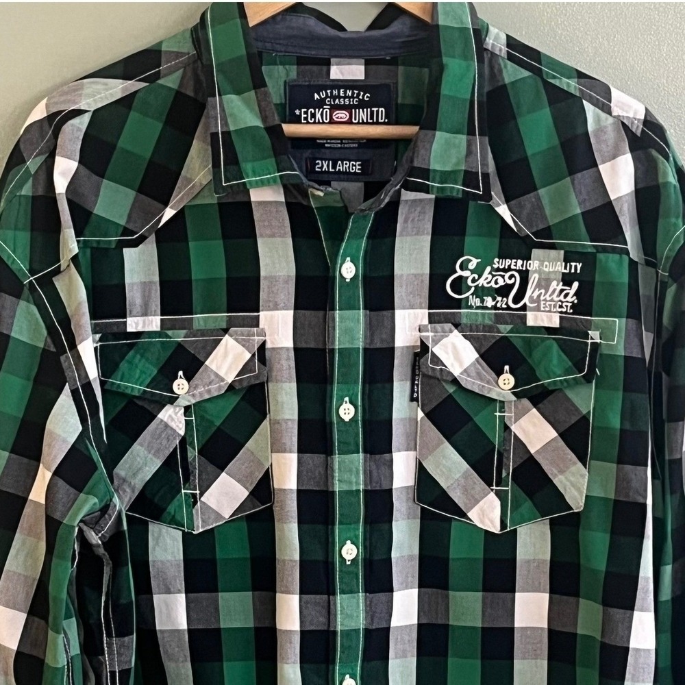 Ecko Unltd Graphic Division‎ Varsity Green Check Western Long Sleeve Shirt 2XL